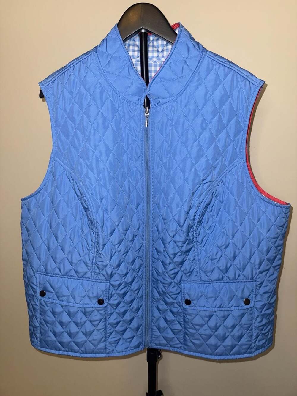 Appleseed's Women's Reversible Diamond Quilted Vest, Blue and Gingham -2X